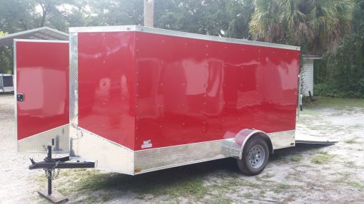 6x12 SA Trailer - Red, Ramp, Extra Height, Door in V-Nose