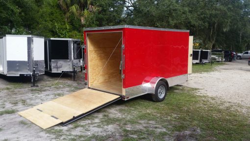 6x12 SA Trailer - Red, Ramp, Extra Height, Door in V-Nose