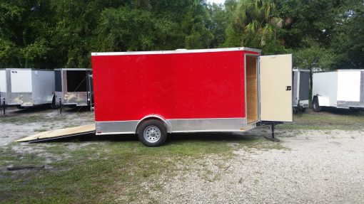 6x12 SA Trailer - Red, Ramp, Extra Height, Door in V-Nose