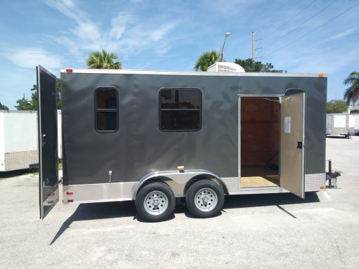 7x16 TA Trailer - Charcoal, Barn Doors, Side Door, Electrical, Extra Height, AC, Windows