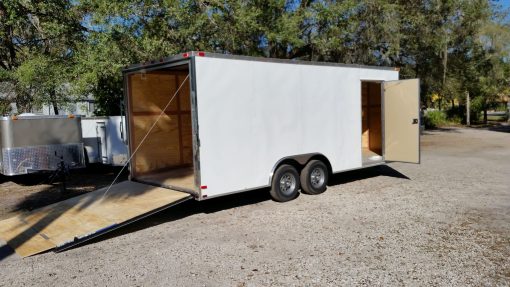 8.5x20 TA Trailer - White, Ramp, Side Door, D-Rings, 5K Axles, Radials, Extra Height