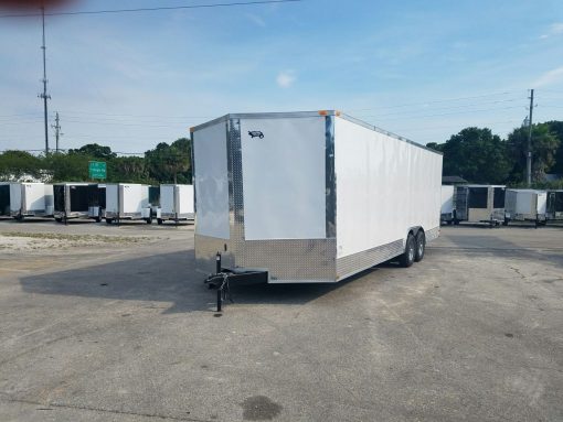 8.5x24 TA Trailer - White, Ramp, Side Door, D-Rings, 5K Axles, Extra Height, and Radials