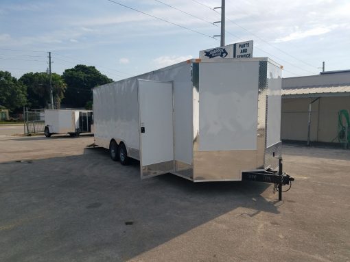 8.5x24 TA Trailer - White, Ramp, Side Door, D-Rings, 5K Axles, Extra Height, and Radials