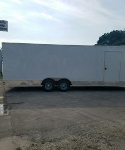 8.5x24 TA Trailer - White, Ramp, Side Door, D-Rings, 5K Axles, Extra Height, and Radials