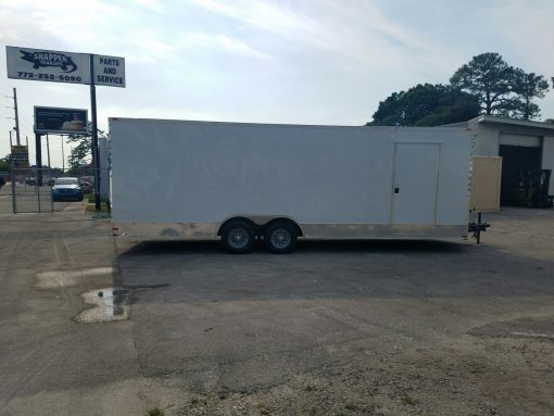 8.5x24 TA Trailer - White, Ramp, Side Door, D-Rings, 5K Axles, Extra Height, and Radials