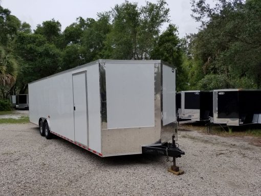 8.5x28 TA Trailer - White, Ramp, Side Door, D-Rings, 5K Axles