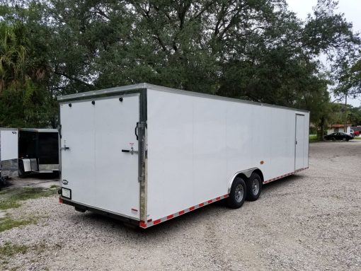 8.5x28 TA Trailer - White, Ramp, Side Door, D-Rings, 5K Axles