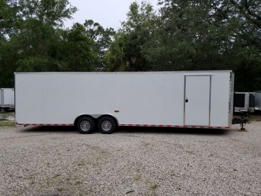 8.5x28 TA Trailer - White, Ramp, Side Door, D-Rings, 5K Axles