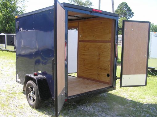 6x8 SA Trailer - Blue, Double Barn Doors, Side Door, Blackout Package, Extra Height, Stabilizer Jacks