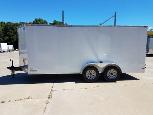 7x16 TA Trailer - White, Double Barn Doors, Side Door, Ladder Racks, Bias