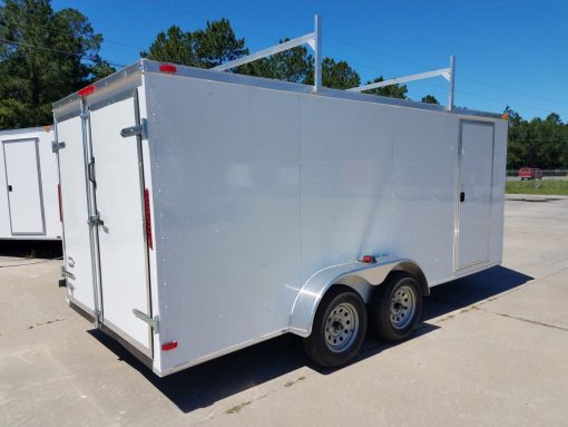 7x16 TA Trailer - White, Double Barn Doors, Side Door, Ladder Racks, Bias